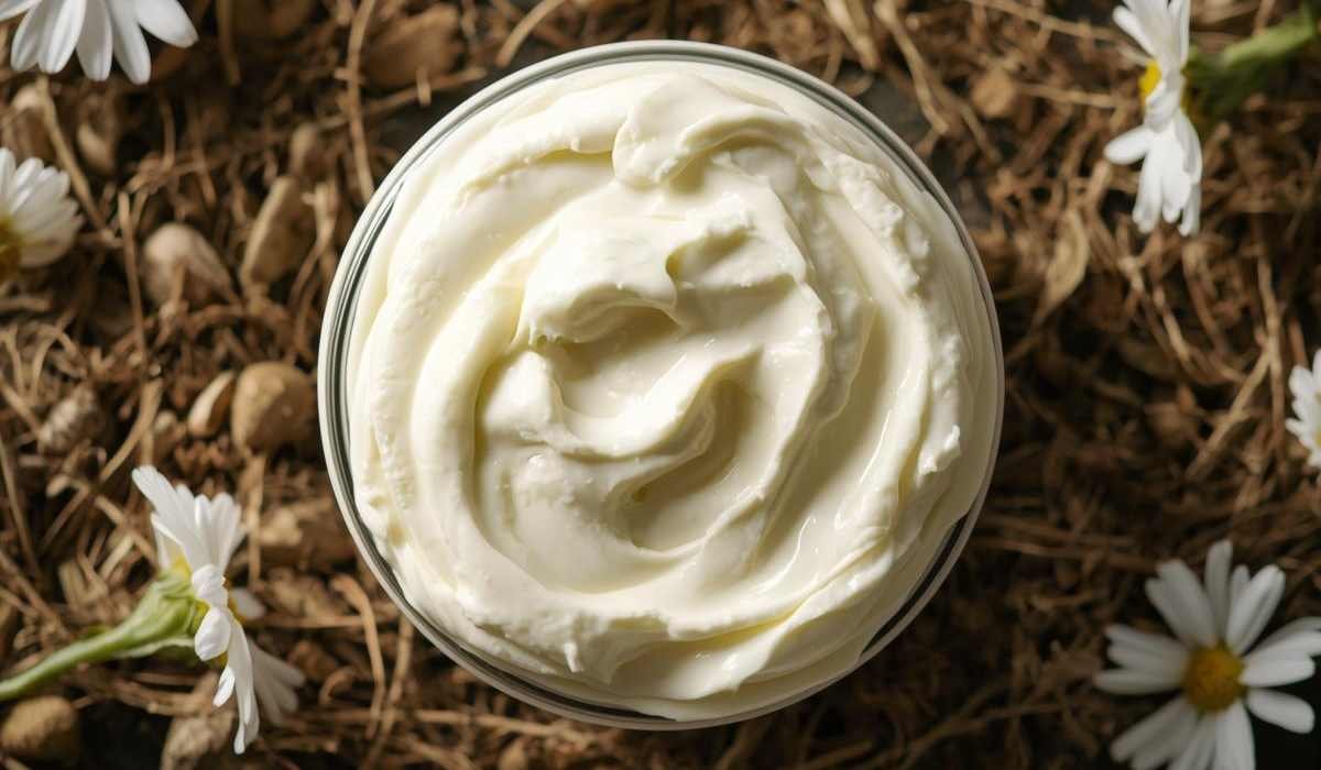 Featured who really needs body butter blog image with a Aerial image of a jar of body butter with natural background