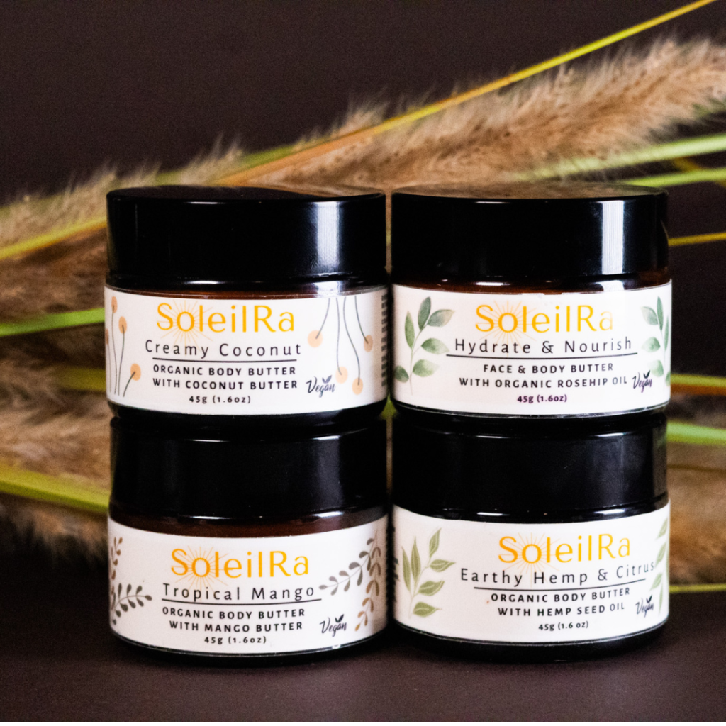 SOLEILRA'S 45ML collection of body butters, creamy coconut, hydrate and nourish, earthy hemp and citrus and tropical mango.