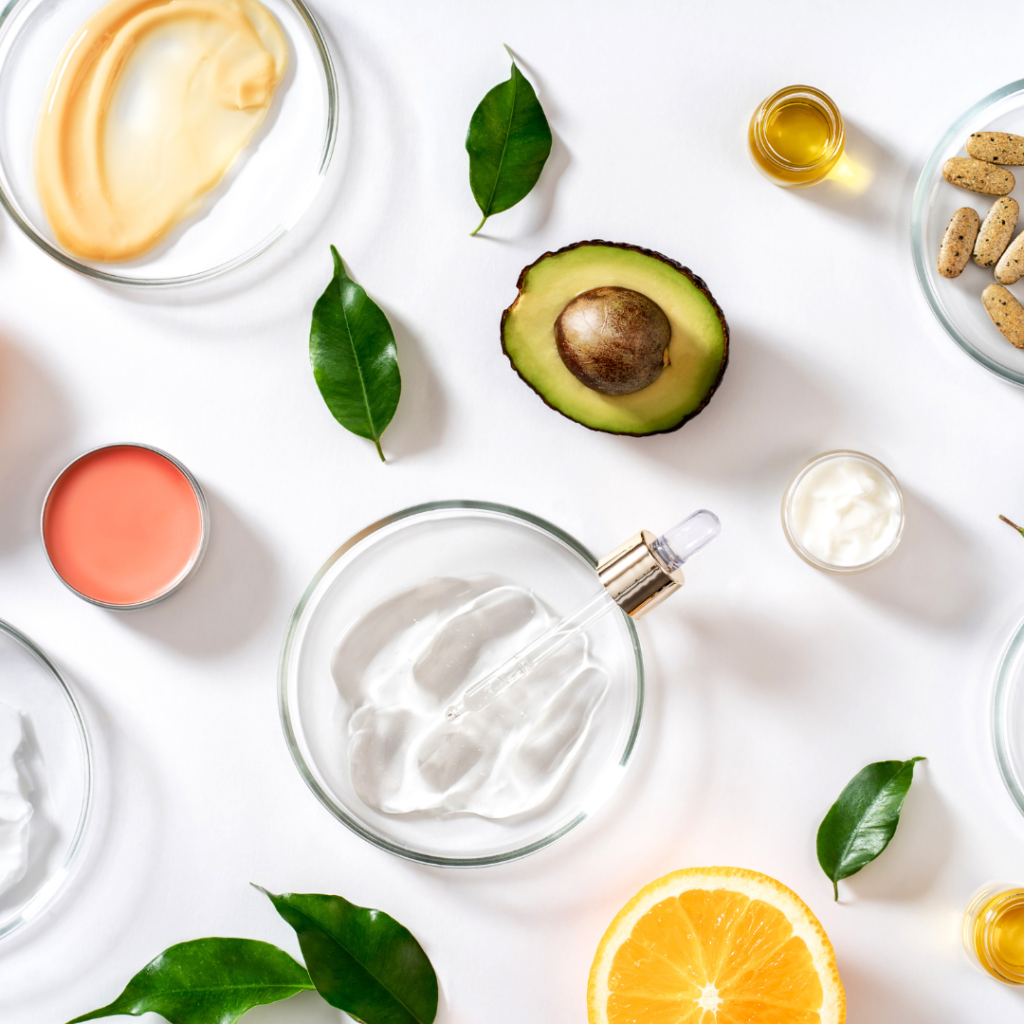 Natural ingredients on a white background representing good ingredients for spring skin care blog by SOLEILRA