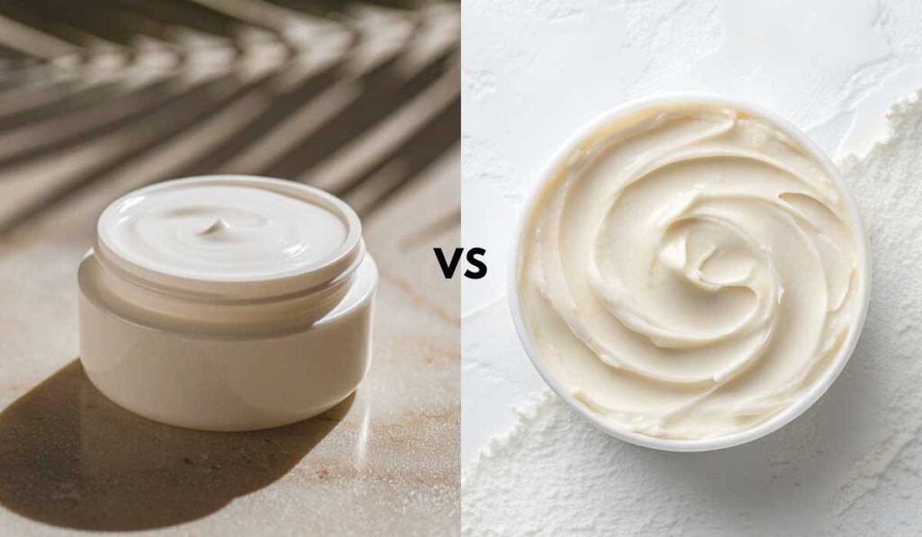 body butter vs body lotion representing a jar or body butter and body lotion close up image of both jars